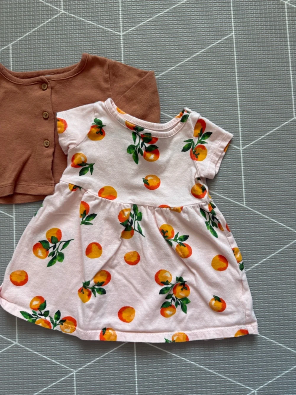 Old Navy|Baby girl boho set,Peach Print Dress & Brown Cardigan,novelty print•12M